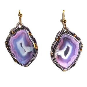 Purple quartz earrings Gold Dangle Hook Closure Unique Slice of Quartz